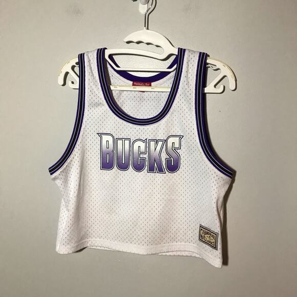 Mitchell and Ness women L white mesh crop Milwaukee Bucks athletic jersey top - Picture 1 of 9